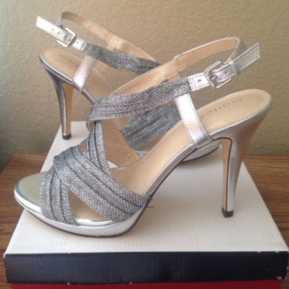 Strappy Silver Slingback Sandal Heels W/Leather
